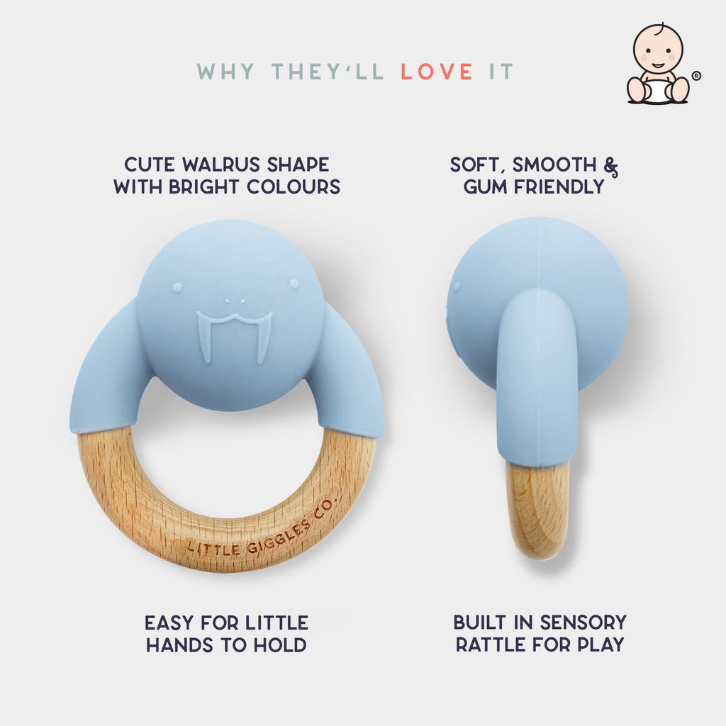 Baby Gifts for Baby Boys and Baby Girls Blue Walrus Teether Toy for Babies and Toddlers by Little Giggles Co.